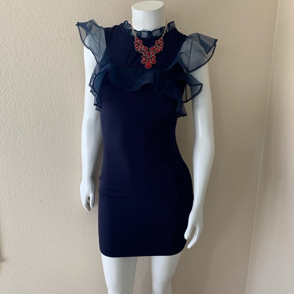 ❤️ Material Girl - Navy Ruffled High Neck Dress - Picture 4 of 8